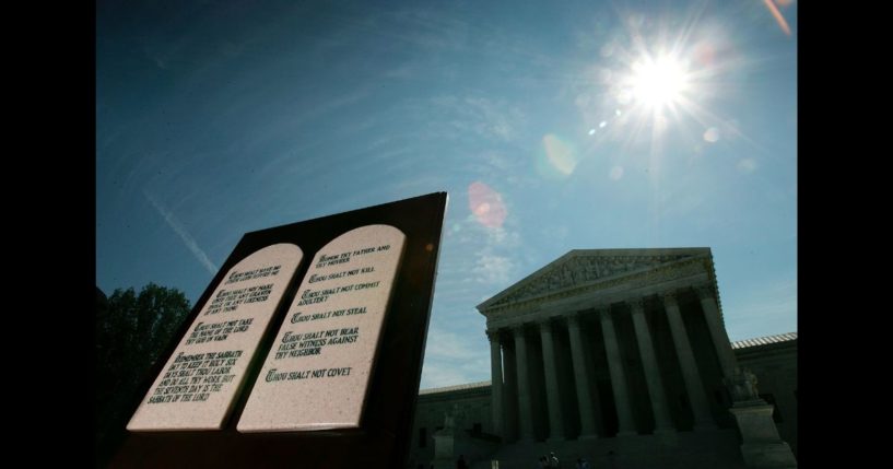 A copy of the Ten Commandments is displayed outside the U.S. Supreme Court June 23, 2005 in Washington, DC.