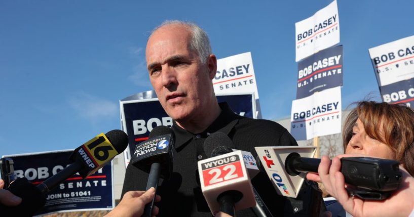 Sen. Bob Casey speaks with members of the media after arriving to vote in Scranton, Pennsylvania, on Nov. 5.