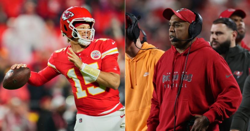 Many social media users are slamming Tampa Bay Buccaneers head coach Todd Bowles, right, after a decision late in the game on Monday may have cost his team the game against the Kansas City Chiefs, led by quarterback Patrick Mahomes, left.