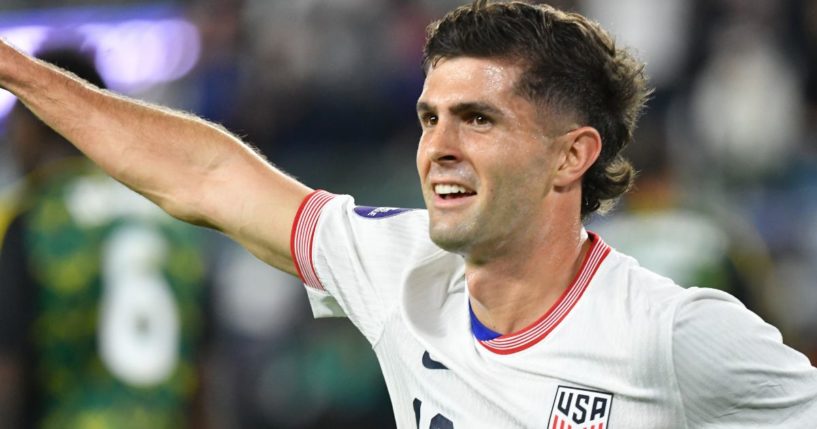 Christian Pulisic of the United States celebrates scoring during the first half against Jamaica in the 2024 CONCACAF Nations League Quarterfinals in St. Louis, Missouri, on Monday.