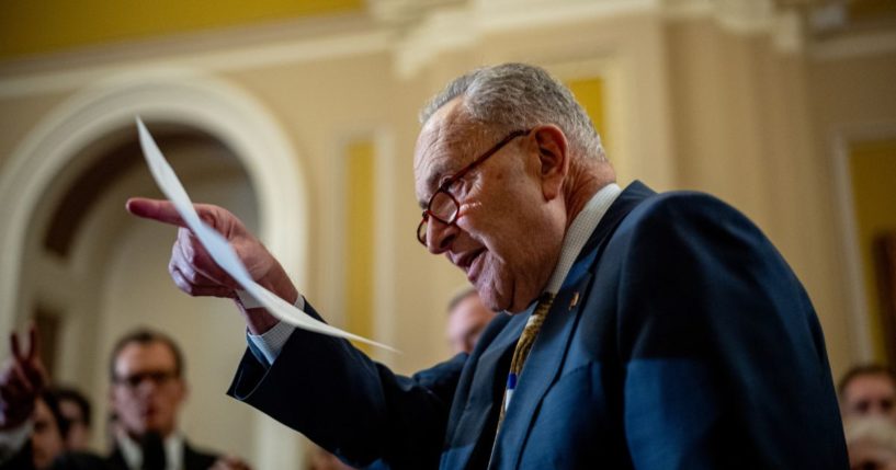 Senate Majority Leader Chuck Schumer takes a question from a reporter during a news conference following the weekly Senate Democratic policy luncheon at the U.S. Capitol in Washington, D.C., on Tuesday.