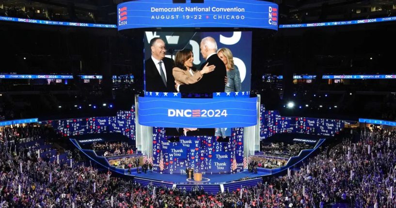 Vice President Kamala Harris, second from left, greets President Joe Biden, second from right, as first lady Jill Biden, right, and second gentleman Doug Emhoff, left, look on at the end of the first day of the Democratic National Convention in Chicago, Illinois, on Aug. 19.