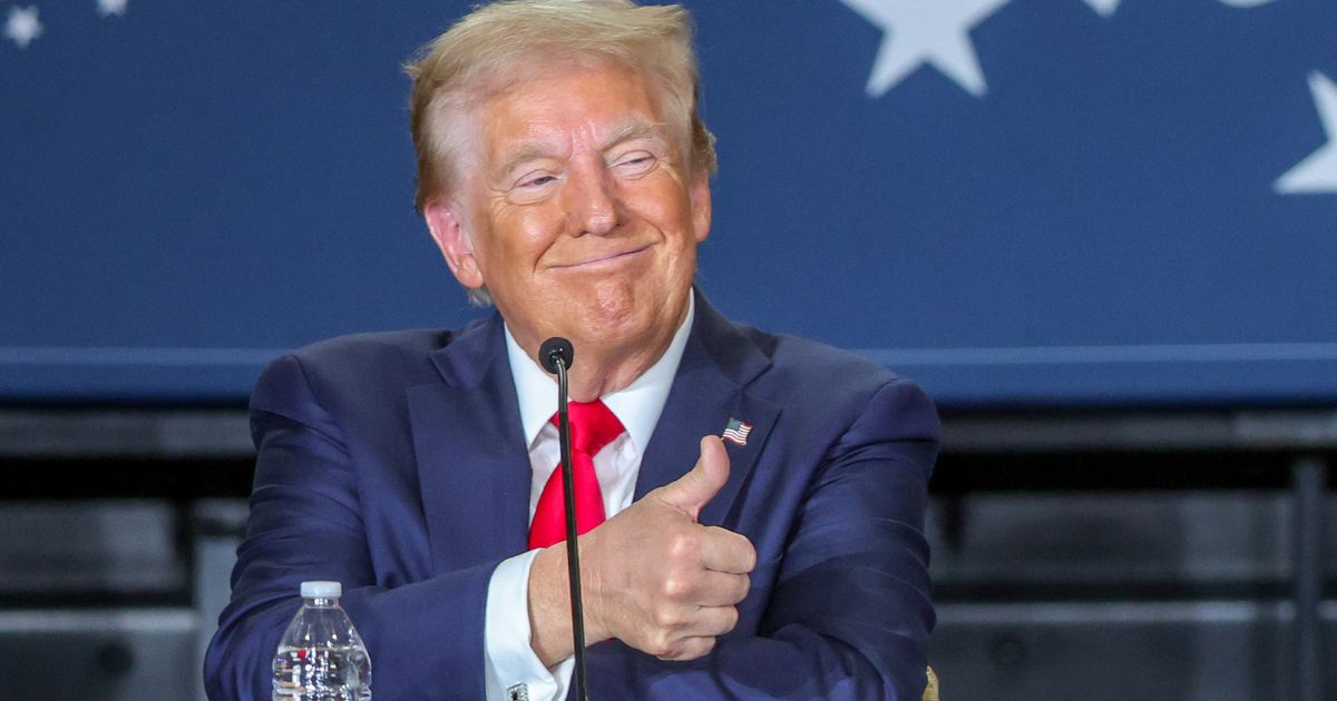 Former President Donald Trump gives a thumbs up during a Hispanic roundtable at Beauty Society in Las Vegas, Nevada, on Oct. 12.