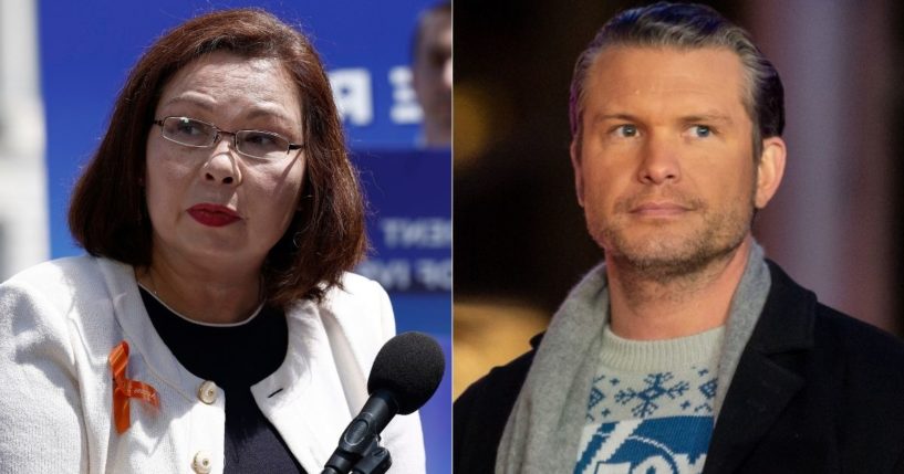 Sen. Tammy Duckworth, left, took offense to comments about women in combat made by Pete Hegseth, right, President-elect Donald Trump's nominee for Secretary of Defense.