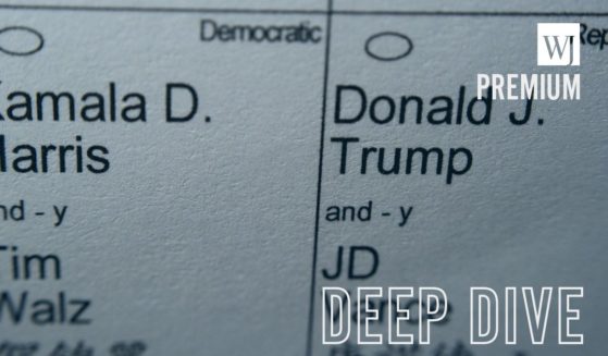 Candidates for president and vice president of the United States -- Democrats Vice President Kamala Harris and Minnesota Gov. Tim Walz and Republicans former President Donald Trump and Sen. JD Vance --- are seen on part of a mail-in election ballot in New York on Sunday.