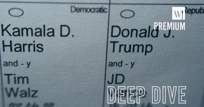 Candidates for president and vice president of the United States -- Democrats Vice President Kamala Harris and Minnesota Gov. Tim Walz and Republicans former President Donald Trump and Sen. JD Vance --- are seen on part of a mail-in election ballot in New York on Sunday.