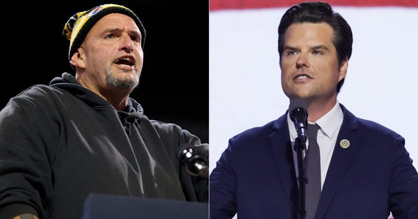 Sen. John Fetterman, left, had a strong reaction to the news that former Rep. Matt Gaetz, right, was President-elect Donald Trump's nominee for attorney general.