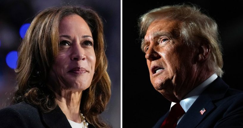 Based on three of the top websites for betting on Tuesday's presidential election, former President Donald Trump, right, is favored to beat Vice President Kamala Harris, left.