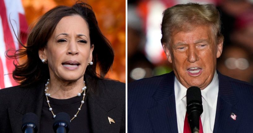 In its final poll before Election Day, AtlasIntel, the most accurate pollster from 2020, showed former President Donald Trump, right, leading Vice President Kamala Harris, left, in a majority of the swing states.