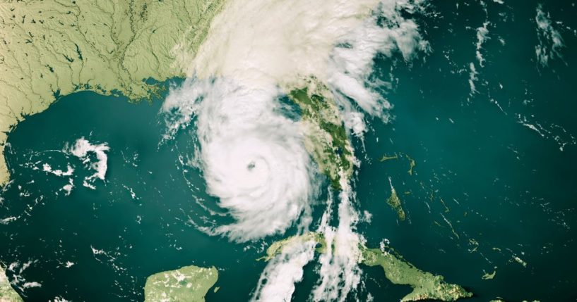 This image shows a 3D rendering of the Caribbean Sea on Sept. 26, with Hurricane Helene.