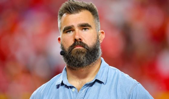 Jason Kelce works as a broadcaster on "Monday Night Football" prior to the game between the Kansas City Chiefs and the New Orleans Saints in Kansas City, Missouri, on Oct. 7.