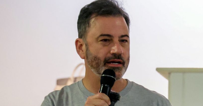 Jimmy Kimmel speaks to hospitality workers at the Culinary Workers Union Hall Local 226 as he campaigns with Nevada Sen. Jacky Rosen in Las Vegas, Nevada, on Oct. 21.