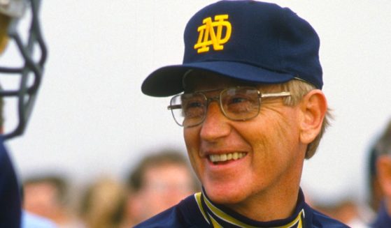 Then-head coach Lou Holtz of the Notre Dame Fighting Irish looks on smiling during a practice in South Bend, Indiana, in 1988.