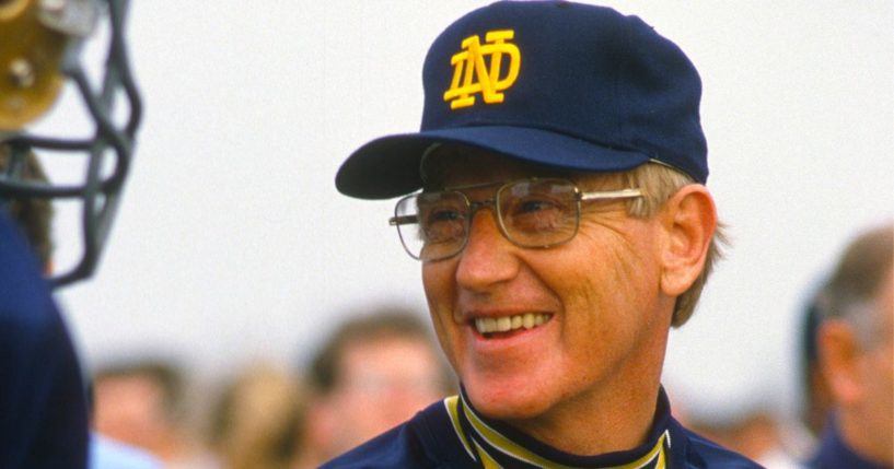 Then-head coach Lou Holtz of the Notre Dame Fighting Irish looks on smiling during a practice in South Bend, Indiana, in 1988.