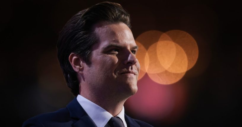 Then-Rep. Matt Gaetz speaks on stage on the third day of the Republican National Convention in Milwaukee, Wisconsin, on July 17.