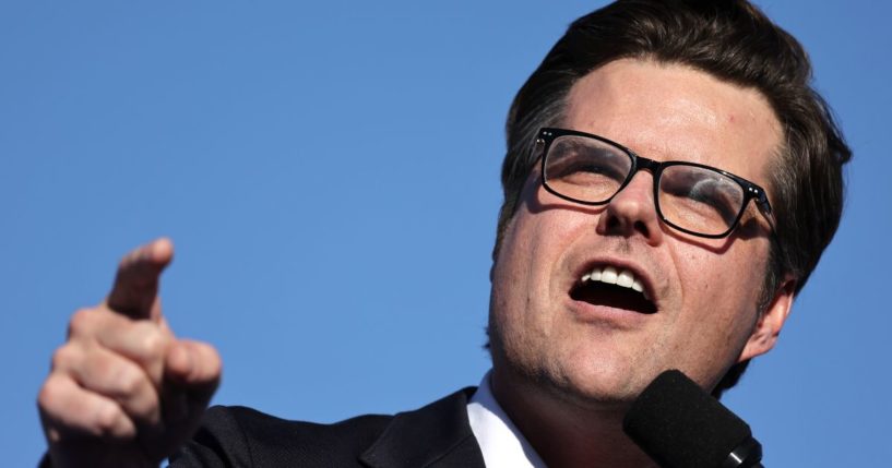 Rep. Matt Gaetz speaks at a campaign rally for former President Donald Trump in Coachella, California, on Oct. 12.