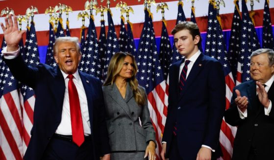 U.S. President-elect Donald Trump, former first lady Melania Trump, and their son Barron Trump in West Palm Beach, Florida, on Nov. 6, 2024.