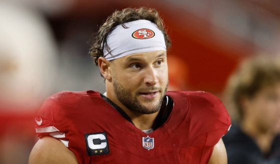 San Francisco 49ers star Nick Bosa on the sideline during an Oct. 27 game.