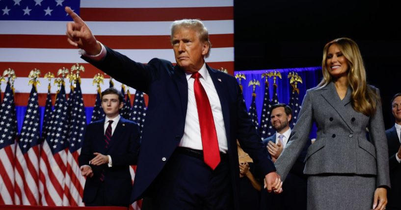 President-elect Donald Trump pointing into the crowd at an election night even in Palm Beach Convention Center on Nov. 6 in West Palm Beach, Florida.