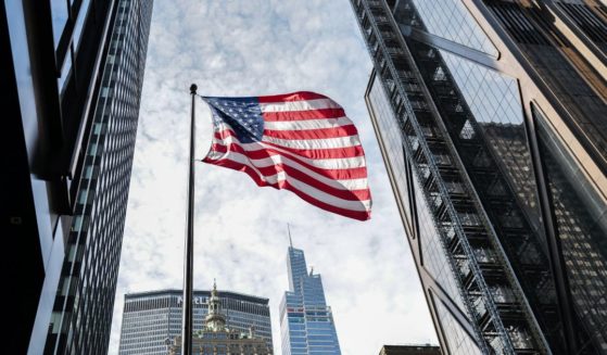 The flag of the United States flies in the Manhattan borough of New York City in April.