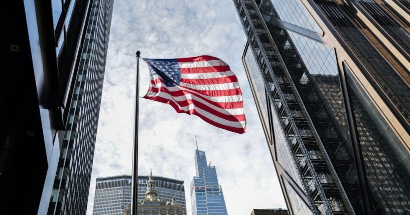 The flag of the United States flies in the Manhattan borough of New York City in April.