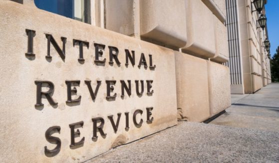 The sign at the front of the U.S. Internal Revenue Service (IRS) headquarters in Washington, D.C.