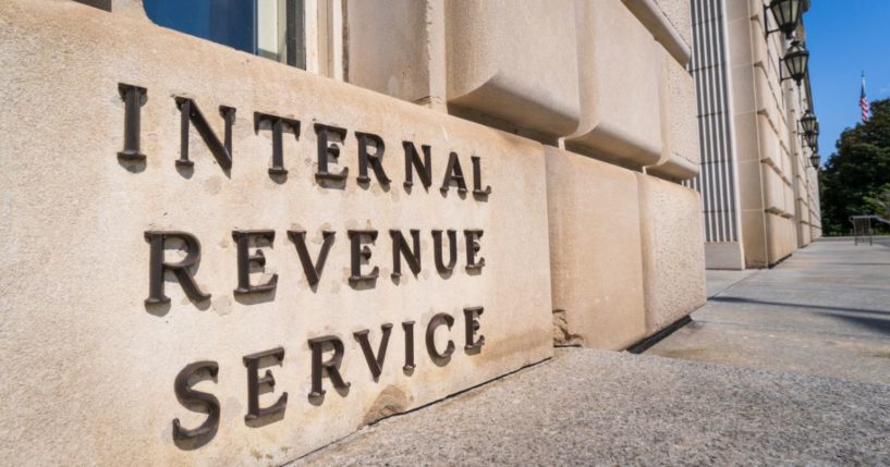 The sign at the front of the U.S. Internal Revenue Service (IRS) headquarters in Washington, D.C.