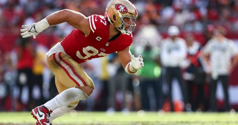 Nick Bosa of the San Francisco 49ers rushes the quarterback during the second half of an NFL football game against the Tampa Bay Buccaneers in Tampa, Florida, on Sunday.