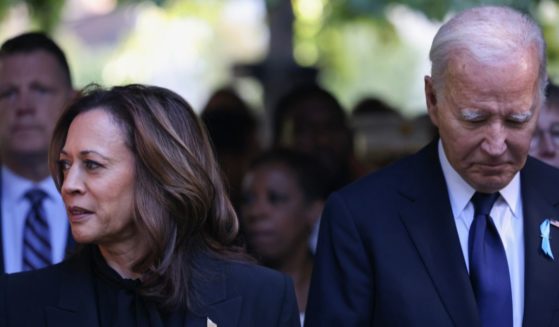 Democratic presidential nominee, U.S. Vice President Kamala Harris, and U.S. President Joe Biden, join family and friends at Ground Zero honoring the lives of those lost on the 23rd anniversary of the terror attacks of September 11, 2001, at the World Trade Center on September 11, 2024 in New York City.