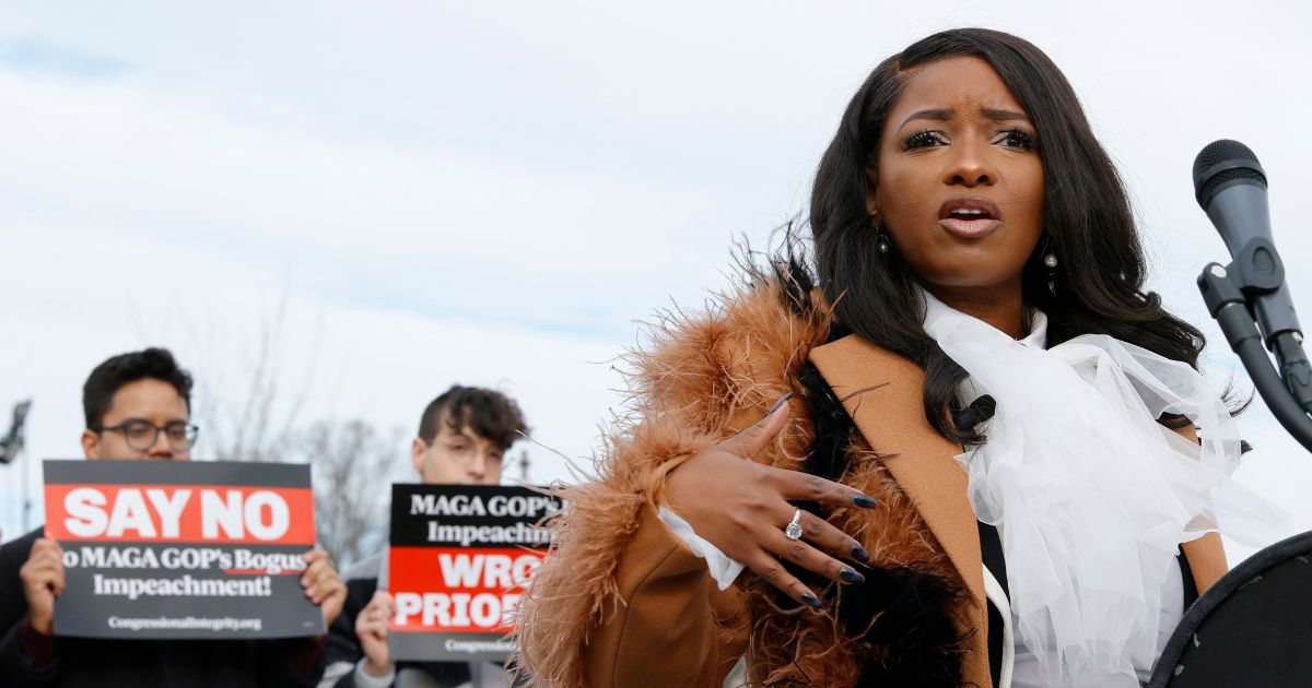 U.S. Rep. Jasmine Crockett (D-TX) speaks during a press conference held to address MAGA Republicans' decision to prioritize the impeachment of President Joe Biden over other domestic issues in the United States on December 13, 2023 in Washington, DC.