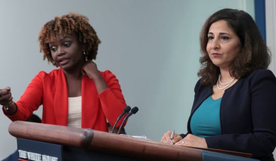 White House press secretary Karine Jean-Pierre (L) and Domestic Policy Advisor Neera Tanden (R) answer questions during the daily press briefing at the White House on August 29, 2023 in Washington, DC.