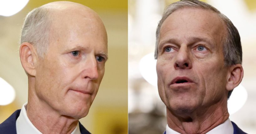 Sen. John Thune, right, was elected as the Senate majority leader by Republicans on Wednesday, defeating Sens. Rick Scott, left, and John Cornyn.