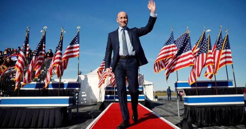 Former Senior White House Advisor Stephen Miller arrives for a campaign rally for now-President-elect Donald Trump in Lititz, Pennsylvania, on Nov. 3.