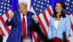 Former President Donald Trump, left, and former Rep. Tulsi Gabbard, right, speak at a town hall event in La Crosse, Wisconsin, on Aug. 29.