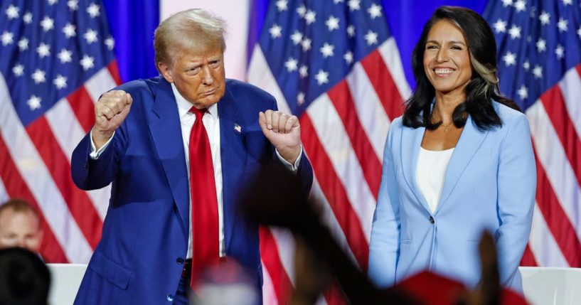 Former President Donald Trump, left, and former Rep. Tulsi Gabbard, right, speak at a town hall event in La Crosse, Wisconsin, on Aug. 29.