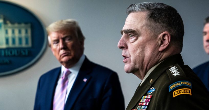 Then-President Donald J. Trump listens to then-Chairman of the Joint Chiefs Gen. Mark Milley during a briefing at the White House in response to the COVID-19 on April 1, 2020.