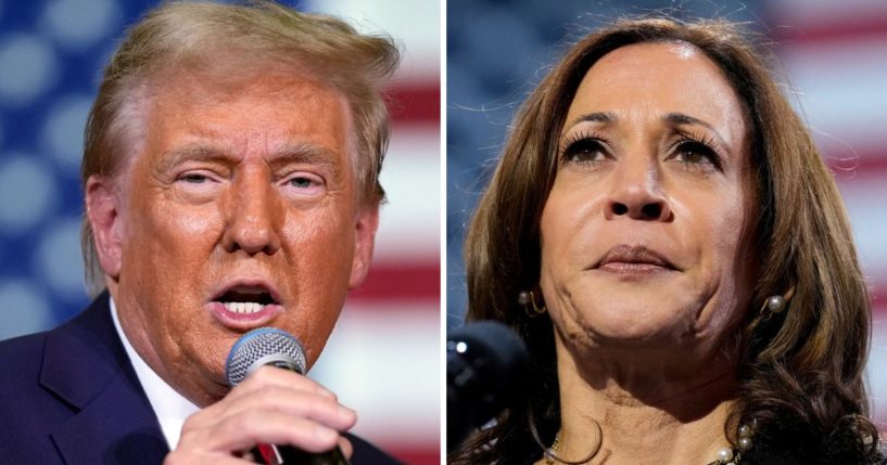 On Monday the Trump campaign put out a message showing how worried Democrats should be for the presidential election between former President Donald Trump, left, and Vice President Kamala Harris, right.