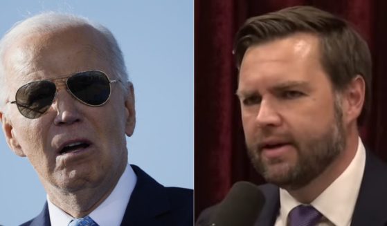 On Thursday's episode of "The Joe Rogan Experience," Sen. J.D. Vance, right, spoke about President Joe Biden's, left, recent behavior with regards to the Harris campaign.