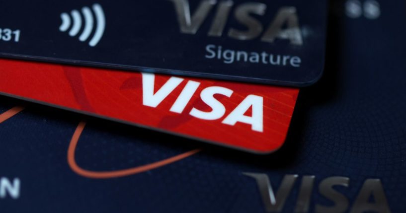 Visa credit cards are displayed in San Anselmo, California, on Feb. 7.