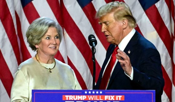 President-elect Donald Trump, right, greets his campaign manager Susie Wiles, left, during an election night event in West Palm Beach, Florida, on Nov. 6.