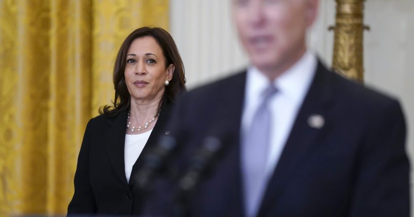 Vice President Kamala Harris listens as President Joe Biden speaks in the East Room of the White House in Washington, D.C., on May 17, 2021.