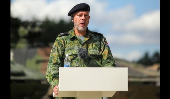 Admiral Rob Bauer, Chair of the Military Committee of NATO, addresses members of the German-French Brigade on July 10, 2023 at the Gaiziunai military training area in Gaiziunai, Lithuania.