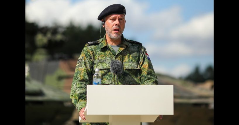 Admiral Rob Bauer, Chair of the Military Committee of NATO, addresses members of the German-French Brigade on July 10, 2023 at the Gaiziunai military training area in Gaiziunai, Lithuania.