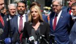 Former Florida Attorney General Pam Bondi (C) speaks during a press conference while on a break from former U.S. President Donald Trump's hush money trial outside Manhattan Criminal Court on May 21, 2024 in New York City.