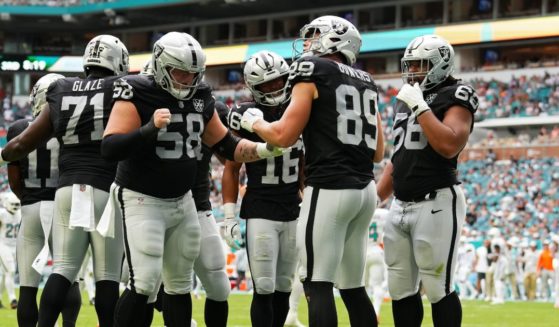 Jakobi Meyers #16 and Brock Bowers #89 of the Las Vegas Raiders celebrate with teammates after Bowers' receiving touchdown in the third quarter of a game at Hard Rock Stadium on November 17, 2024 in Miami Gardens, Florida.