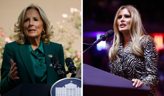 (L) U.S. first lady Dr. Jill Biden speaks during a Rose Garden event to celebrate new educational enhancements to the official public tour of the executive mansion, at the White House on October 21, 2024 in Washington, DC. (R) Melania Trump speaks during a campaign rally for Republican presidential nominee, former U.S. President Donald Trump at Madison Square Garden on October 27, 2024 in New York City.