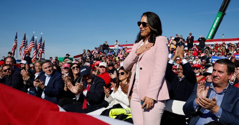 Former Rep. Tulsi Gabbard (R-HI) is introduced by U.S. President-elect Donald Trump during a campaign rally at Lancaster Airport on November 3, 2024 in Lititz, Pennsylvania.