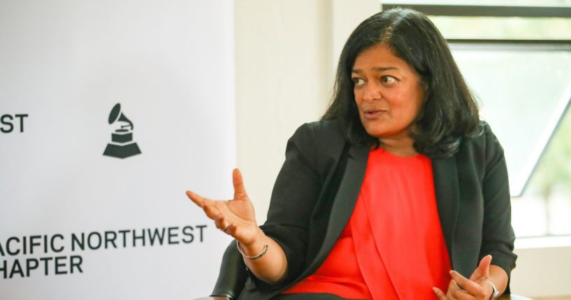 Congresswoman Pramila Jayapal meets with Executive Director Jessica Toon, Advocacy Chair Victoria Contreras, and other members of the Pacific Northwest Chapter of the Recording Academy for Music Advocacy Day at Studio 201 on October 1, 2024 in Seattle, Washington.