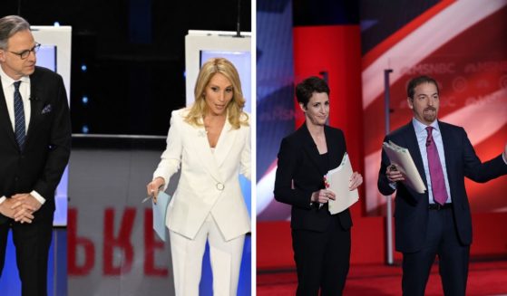 (L) Moderators and CNN anchors Jake Tapper (L) and Dana Bash speak ahead of the fifth Republican presidential primary debate between Florida Governor Ron DeSantis and former US Ambassador to the UN Nikki Haley at Drake University in Des Moines, Iowa, on January 10, 2024. (R) Debate moderators Rachel Maddow and Chuck Todd (R) prepare for the start of the MSNBC Democratic Candidates Debate between Democratic presidential candidates former Secretary of State Hillary Clinton and U.S. Sen. Bernie Sanders at the University of New Hampshire on February 4, 2016 in Durham, New Hampshire.