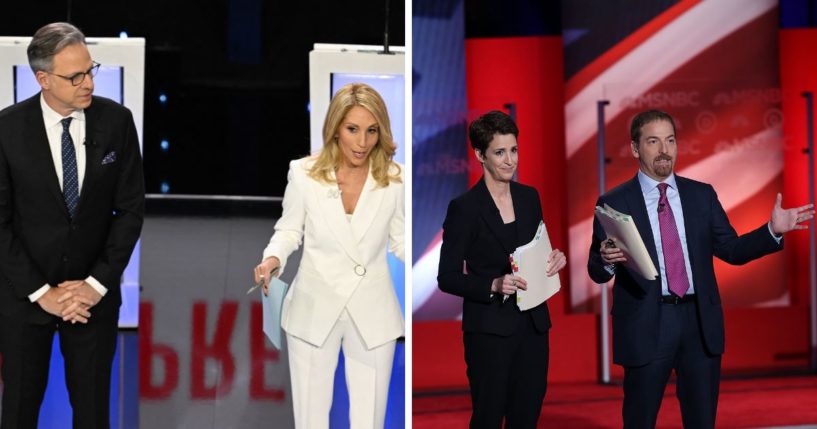 (L) Moderators and CNN anchors Jake Tapper (L) and Dana Bash speak ahead of the fifth Republican presidential primary debate between Florida Governor Ron DeSantis and former US Ambassador to the UN Nikki Haley at Drake University in Des Moines, Iowa, on January 10, 2024. (R) Debate moderators Rachel Maddow and Chuck Todd (R) prepare for the start of the MSNBC Democratic Candidates Debate between Democratic presidential candidates former Secretary of State Hillary Clinton and U.S. Sen. Bernie Sanders at the University of New Hampshire on February 4, 2016 in Durham, New Hampshire.